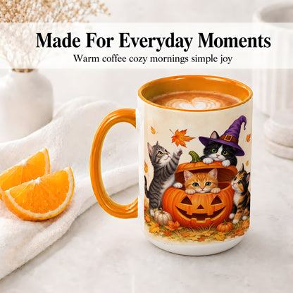 #pl[15oz|Orange] Halloween Pumpkin Kittens Ceramic Mug, Cat Art for Cat Lovers