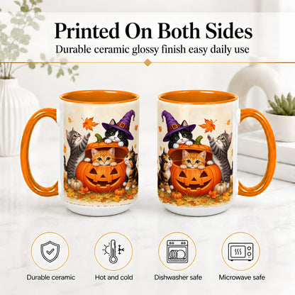 #pl[15oz|Orange] Halloween Pumpkin Kittens Ceramic Mug, Cat Art for Cat Lovers