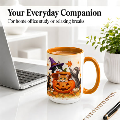 #pl[15oz|Orange] Halloween Pumpkin Kittens Ceramic Mug, Cat Art for Cat Lovers