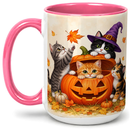 #pl[15oz|Pink] Halloween Pumpkin Kittens Ceramic Mug, Cat Art for Cat Lovers