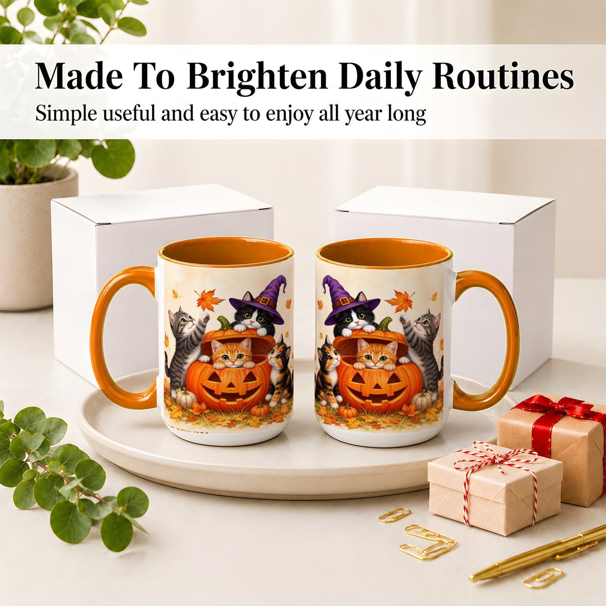 #pl[15oz|Orange] Halloween Pumpkin Kittens Ceramic Mug, Cat Art for Cat Lovers