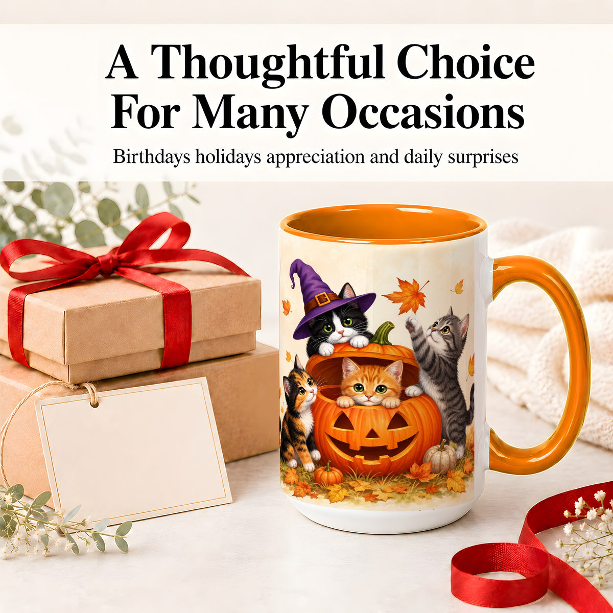 #pl[15oz|Orange] Halloween Pumpkin Kittens Ceramic Mug, Cat Art for Cat Lovers