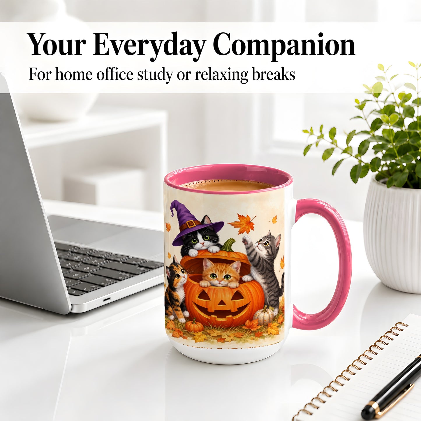 #pl[15oz|Pink] Halloween Pumpkin Kittens Ceramic Mug, Cat Art for Cat Lovers