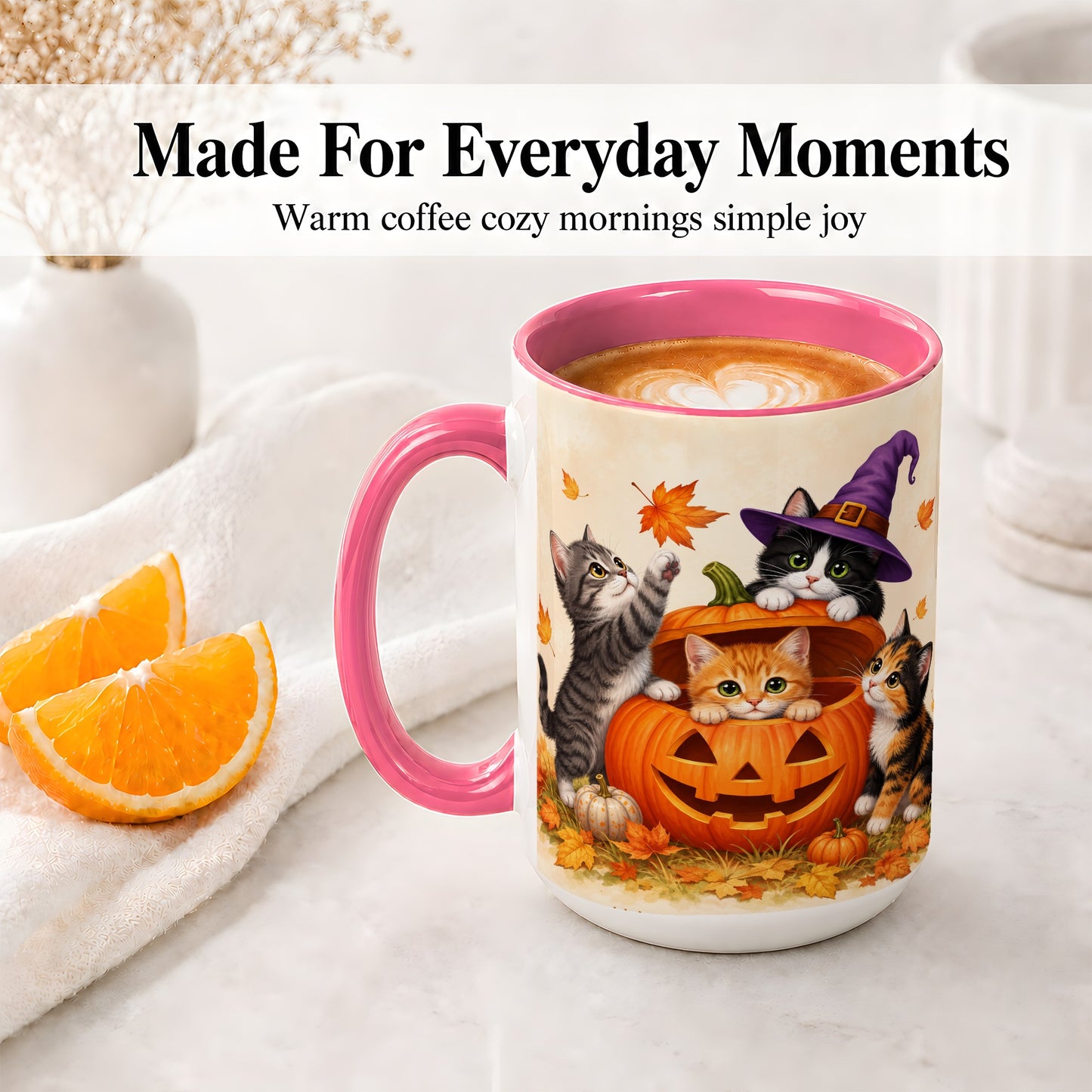 #pl[15oz|Pink] Halloween Pumpkin Kittens Ceramic Mug, Cat Art for Cat Lovers