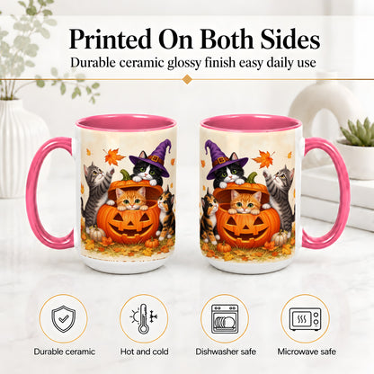 #pl[15oz|Pink] Halloween Pumpkin Kittens Ceramic Mug, Cat Art for Cat Lovers
