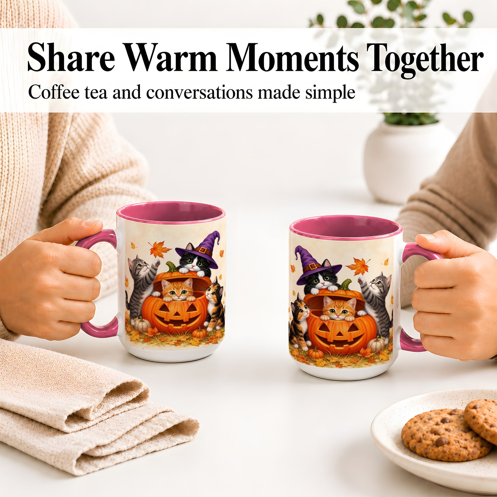 #pl[15oz|Pink] Halloween Pumpkin Kittens Ceramic Mug, Cat Art for Cat Lovers