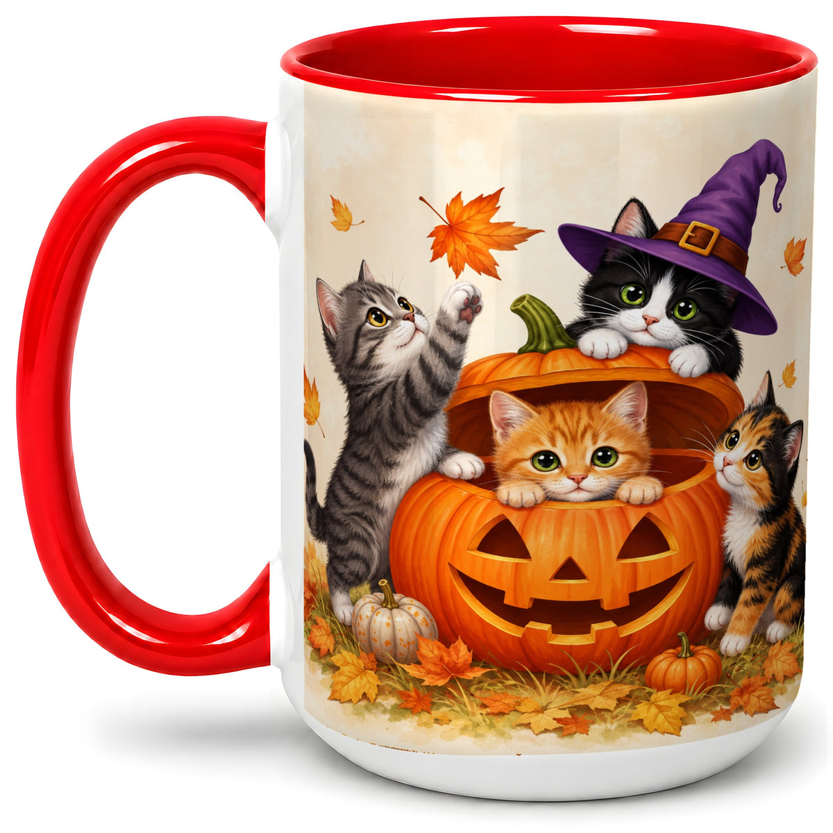#pl[15oz|Red] Halloween Pumpkin Kittens Ceramic Mug, Cat Art for Cat Lovers
