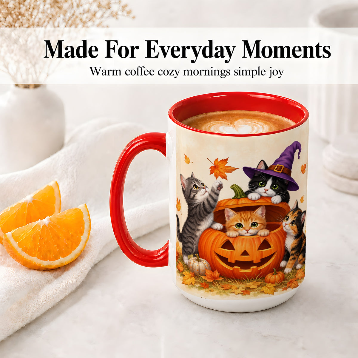 #pl[15oz|Red] Halloween Pumpkin Kittens Ceramic Mug, Cat Art for Cat Lovers