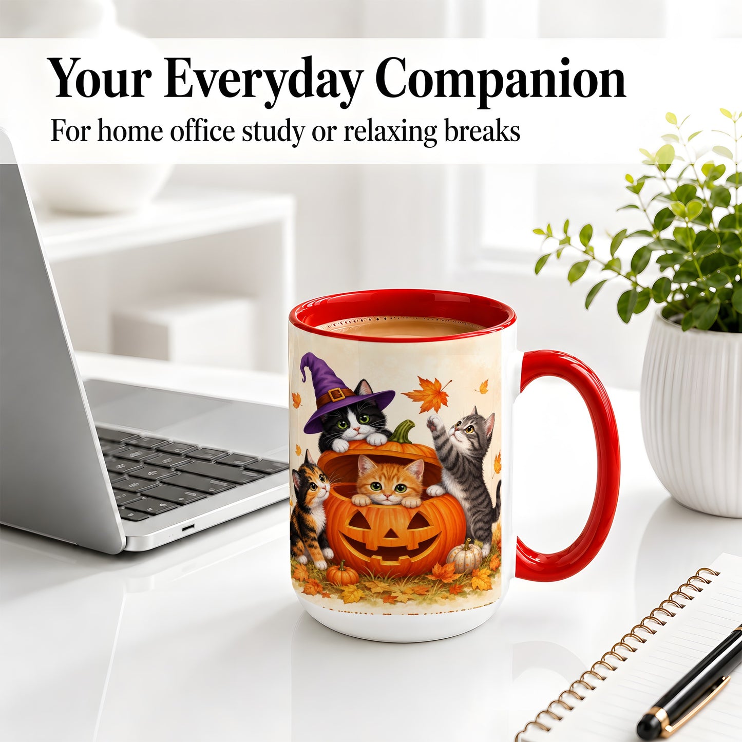 #pl[15oz|Red] Halloween Pumpkin Kittens Ceramic Mug, Cat Art for Cat Lovers