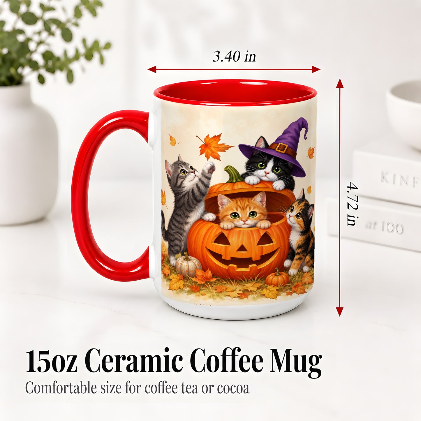 #pl[15oz|Red] Halloween Pumpkin Kittens Ceramic Mug, Cat Art for Cat Lovers