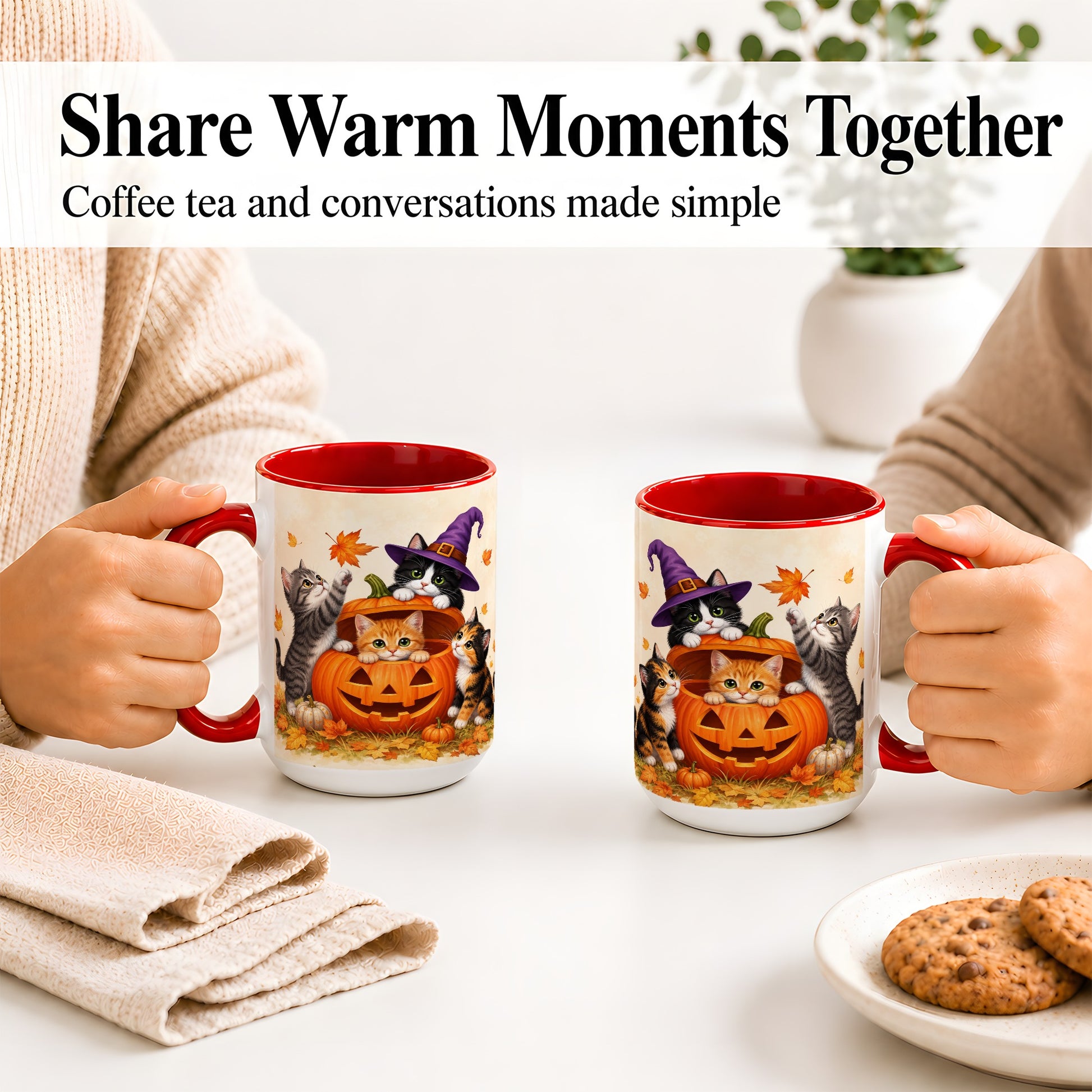 #pl[15oz|Red] Halloween Pumpkin Kittens Ceramic Mug, Cat Art for Cat Lovers