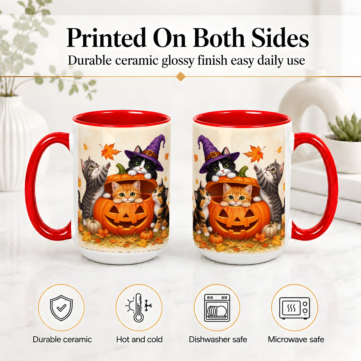 #pl[15oz|Red] Halloween Pumpkin Kittens Ceramic Mug, Cat Art for Cat Lovers