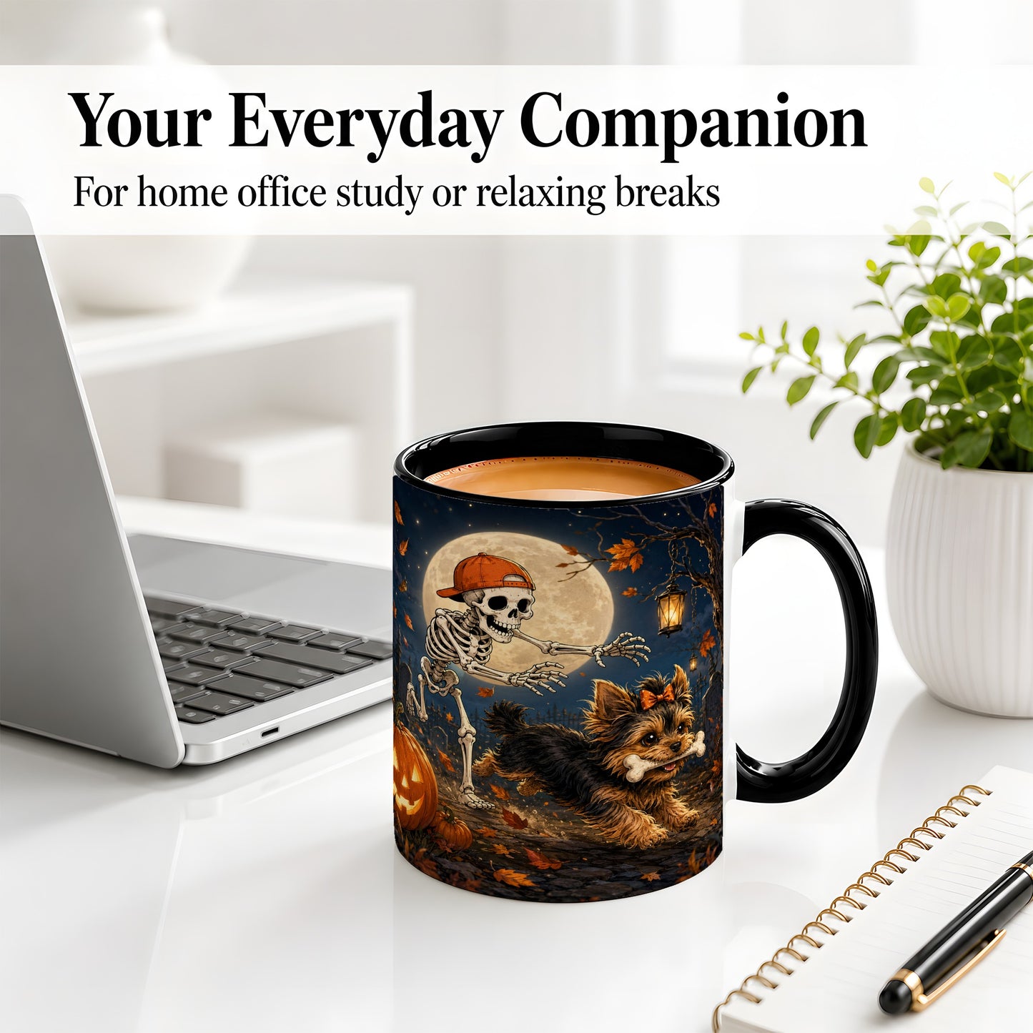 #pl[11oz|Black] Skeleton Yorkie Chase Ceramic Mug, Halloween Art for Dog Lovers