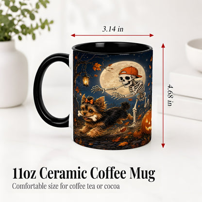 #pl[11oz|Black] Skeleton Yorkie Chase Ceramic Mug, Halloween Art for Dog Lovers