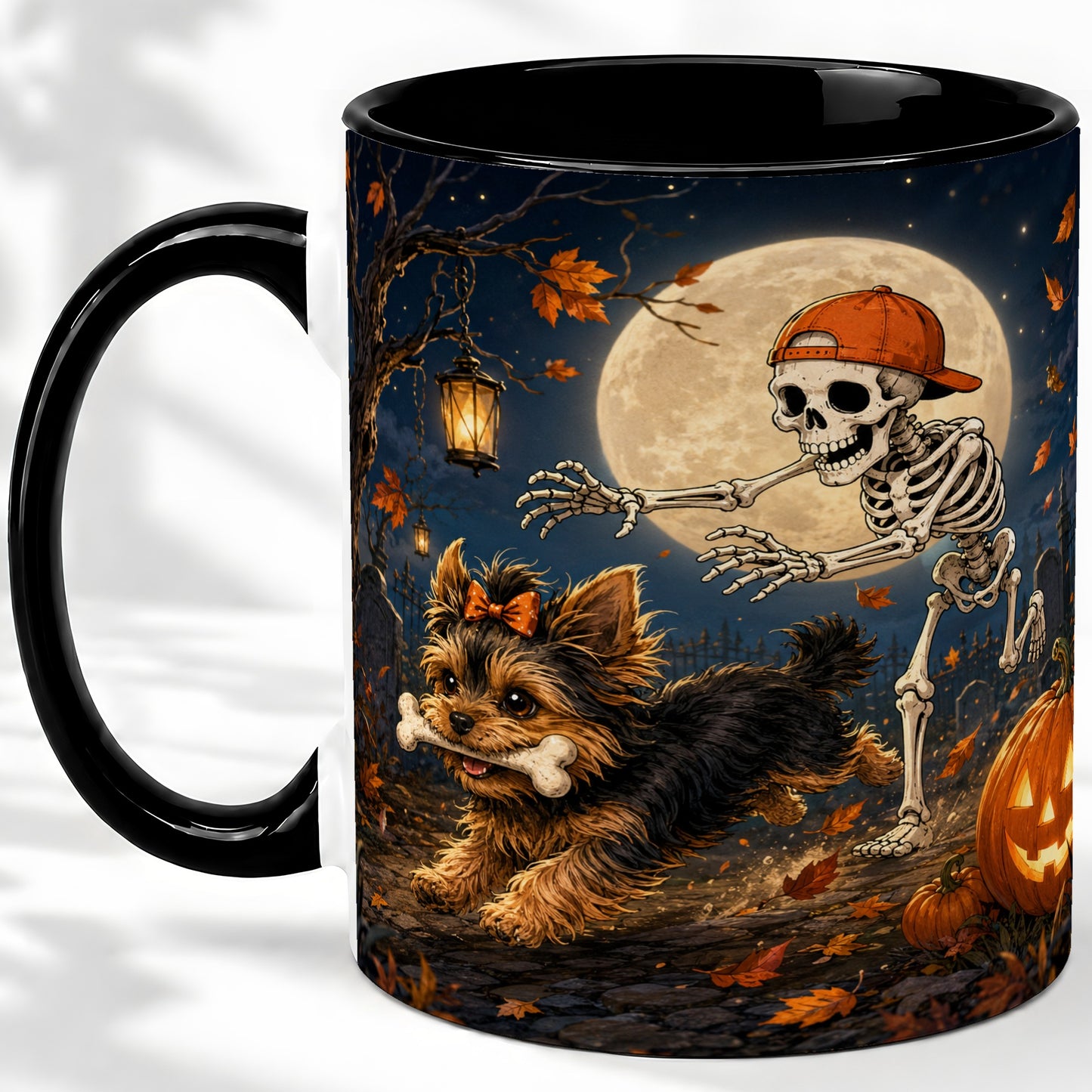 #pl[11oz|Black] Skeleton Yorkie Chase Ceramic Mug, Halloween Art for Dog Lovers