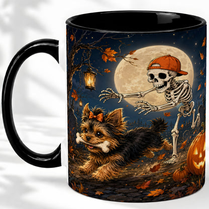 #pl[11oz|Black] Skeleton Yorkie Chase Ceramic Mug, Halloween Art for Dog Lovers