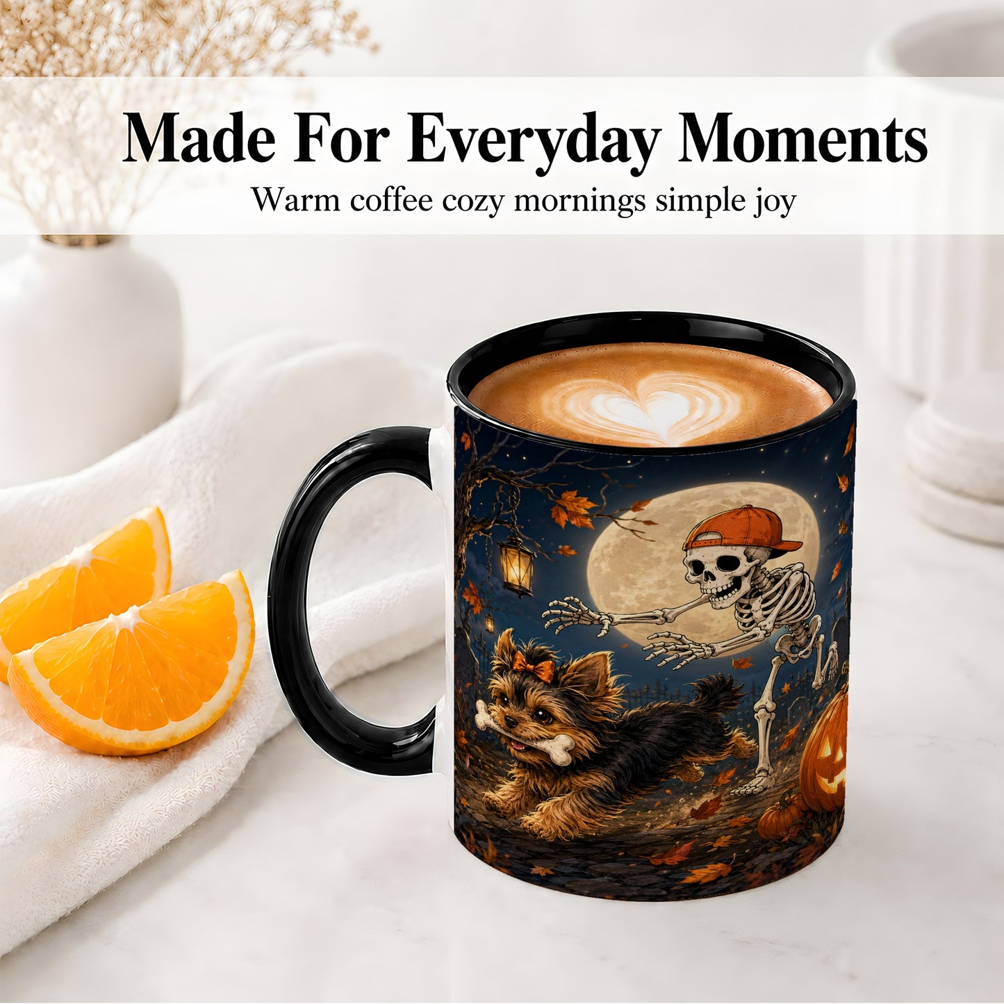 #pl[11oz|Black] Skeleton Yorkie Chase Ceramic Mug, Halloween Art for Dog Lovers