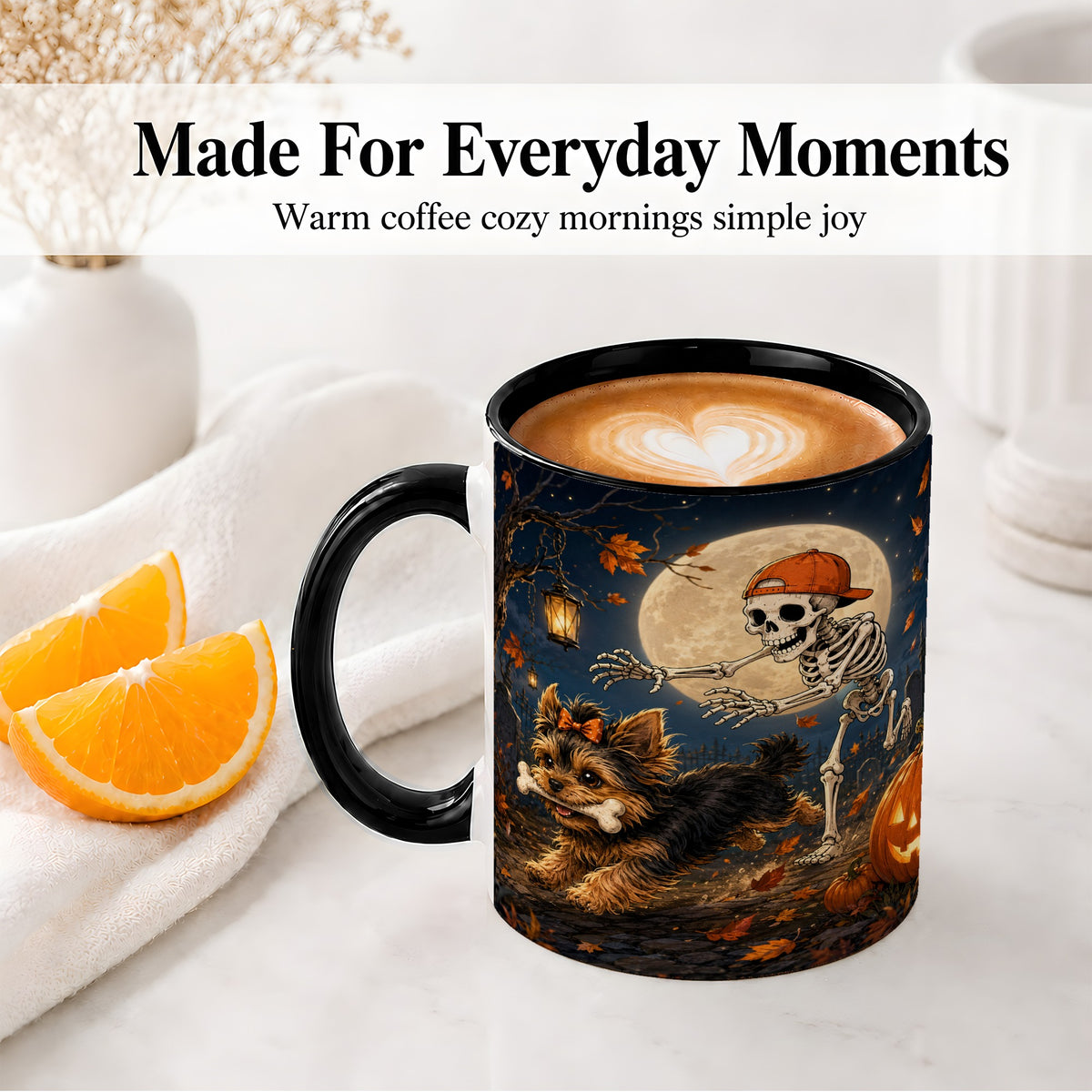 #pl[11oz|Black] Skeleton Yorkie Chase Ceramic Mug, Halloween Art for Dog Lovers