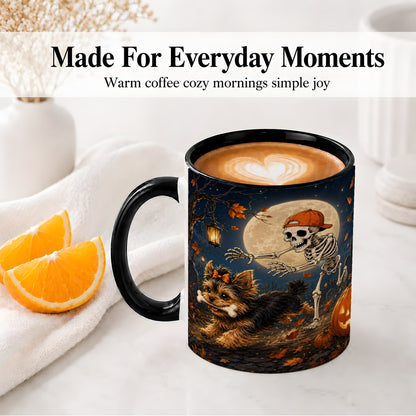 #pl[11oz|Black] Skeleton Yorkie Chase Ceramic Mug, Halloween Art for Dog Lovers