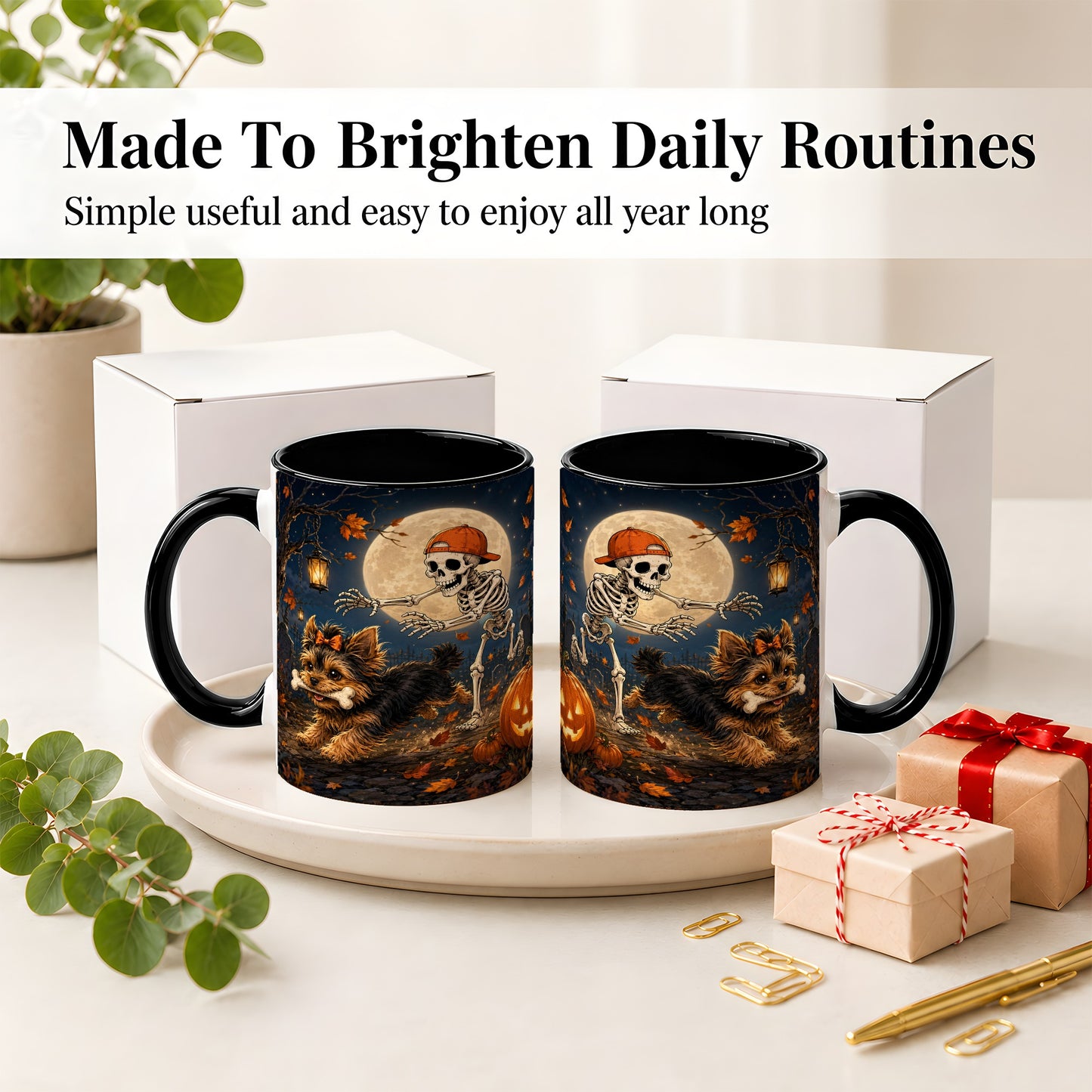 #pl[11oz|Black] Skeleton Yorkie Chase Ceramic Mug, Halloween Art for Dog Lovers