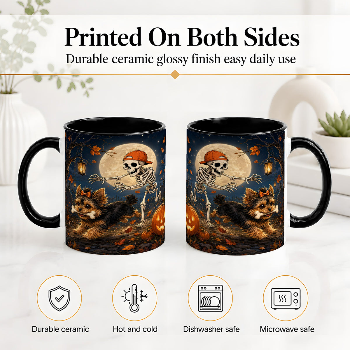 #pl[11oz|Black] Skeleton Yorkie Chase Ceramic Mug, Halloween Art for Dog Lovers