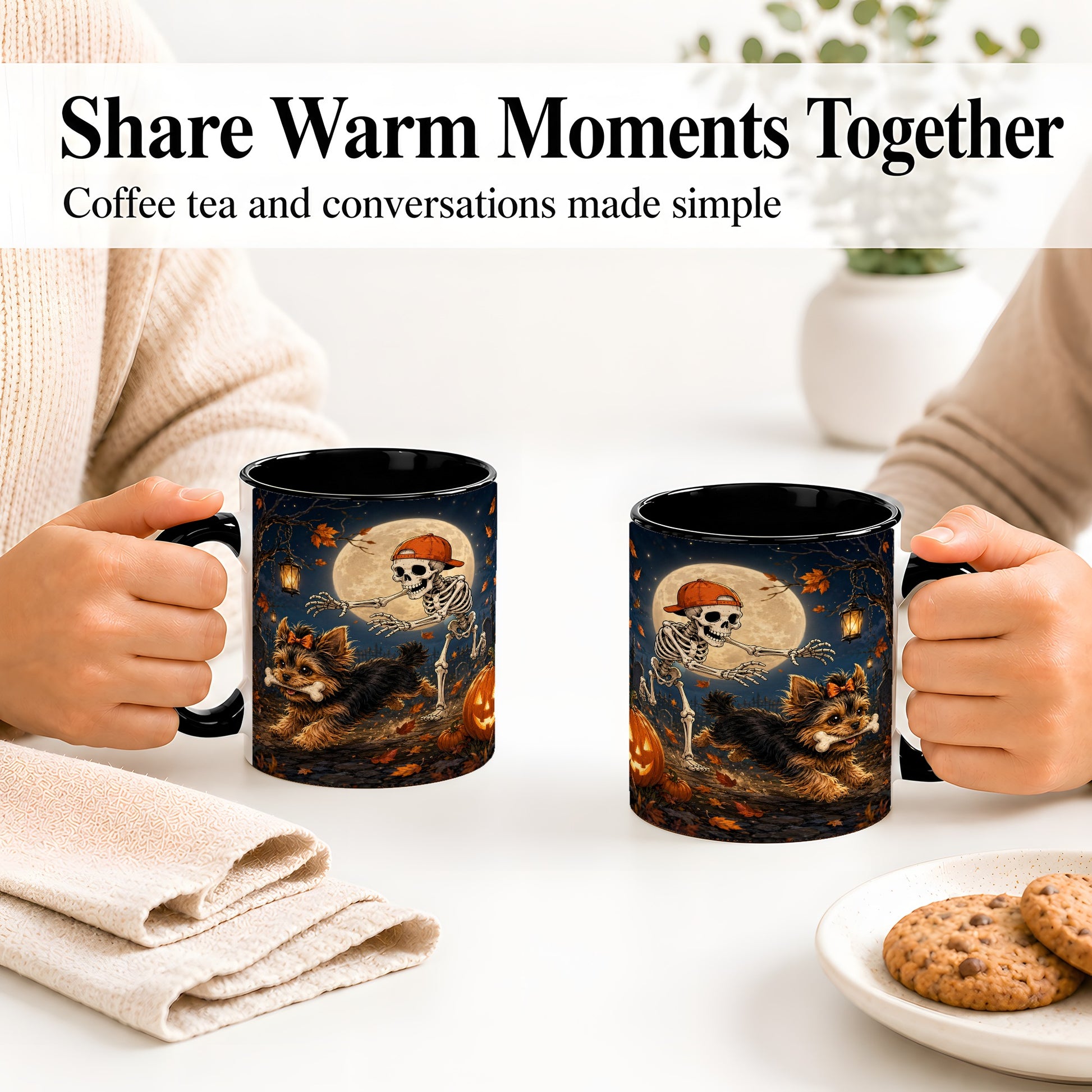 #pl[11oz|Black] Skeleton Yorkie Chase Ceramic Mug, Halloween Art for Dog Lovers
