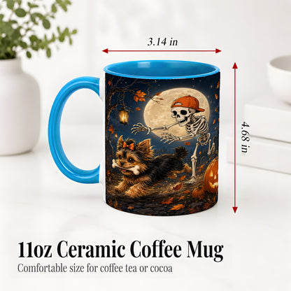 #pl[11oz|Blue] Skeleton Yorkie Chase Ceramic Mug, Halloween Art for Dog Lovers