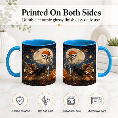 #pl[11oz|Blue] Skeleton Yorkie Chase Ceramic Mug, Halloween Art for Dog Lovers