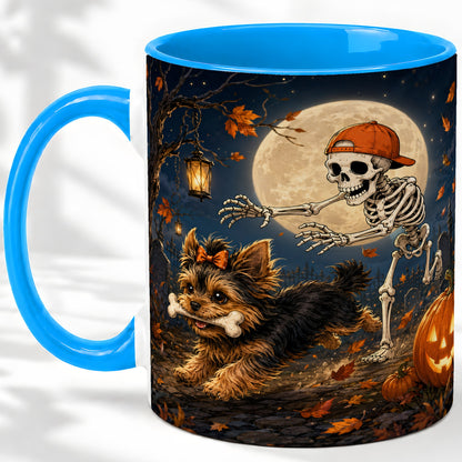 #pl[11oz|Blue] Skeleton Yorkie Chase Ceramic Mug, Halloween Art for Dog Lovers