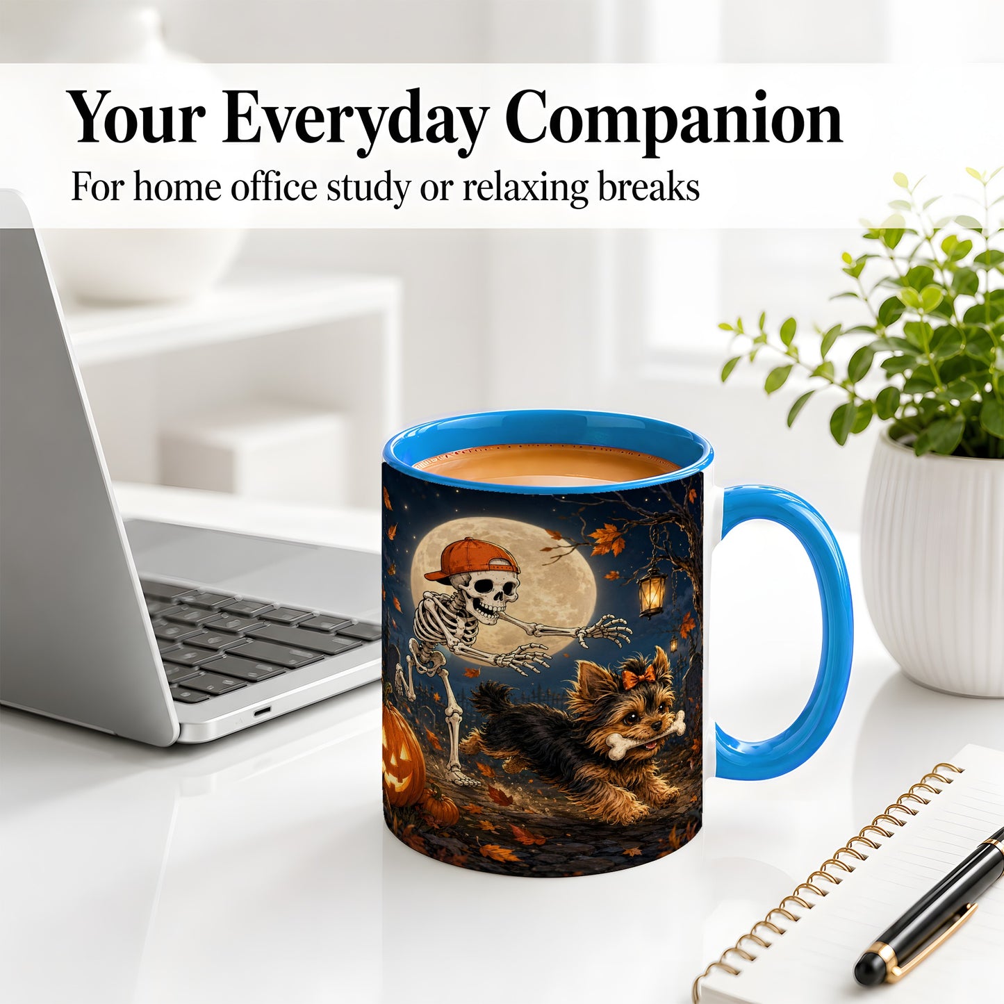 #pl[11oz|Blue] Skeleton Yorkie Chase Ceramic Mug, Halloween Art for Dog Lovers