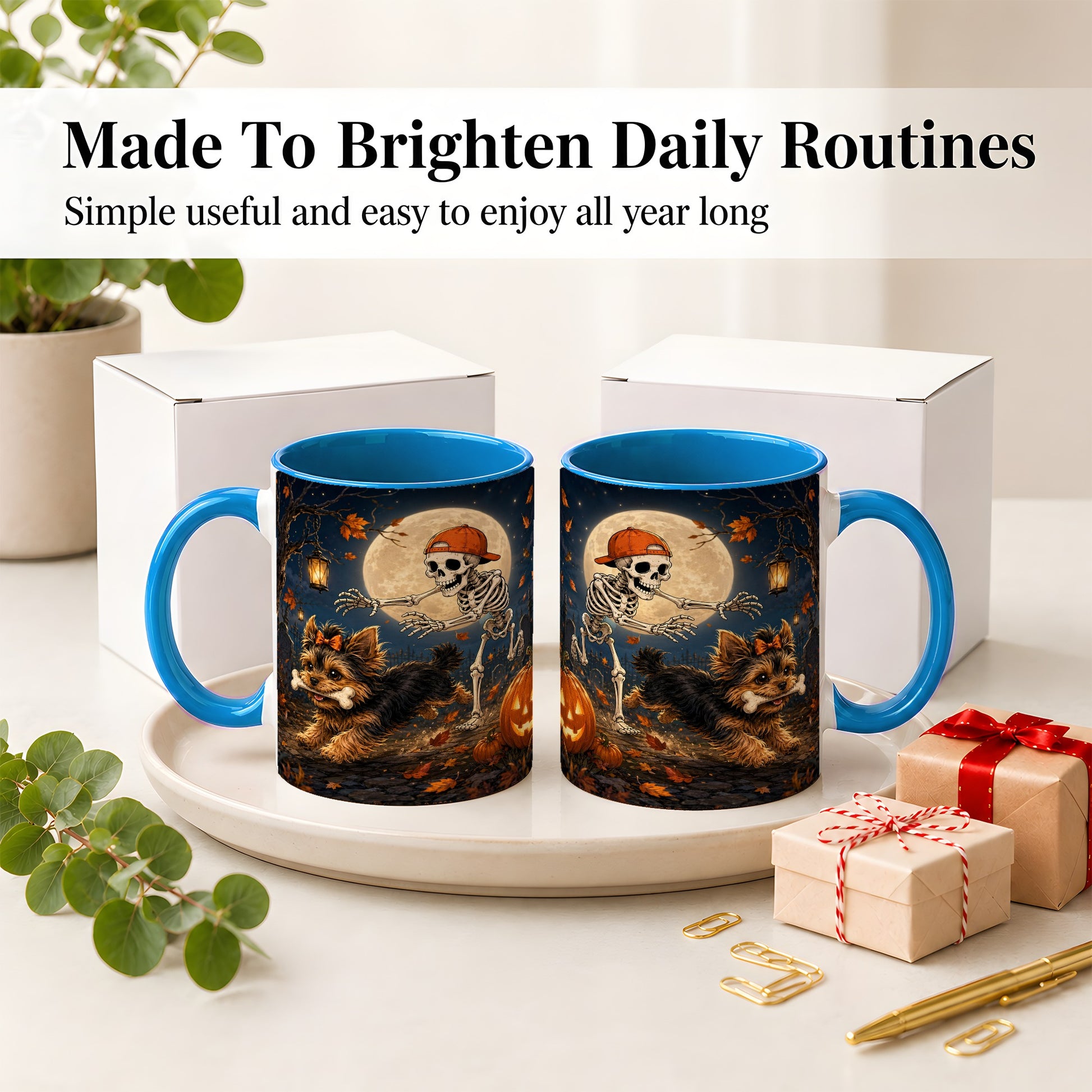 #pl[11oz|Blue] Skeleton Yorkie Chase Ceramic Mug, Halloween Art for Dog Lovers