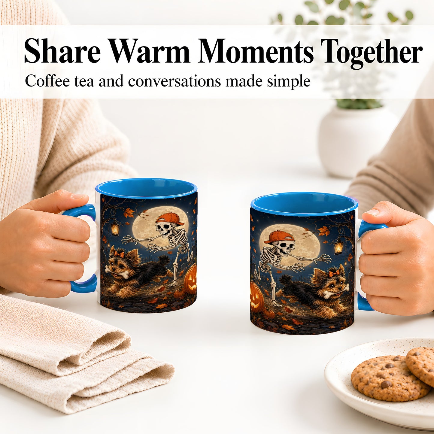 #pl[11oz|Blue] Skeleton Yorkie Chase Ceramic Mug, Halloween Art for Dog Lovers