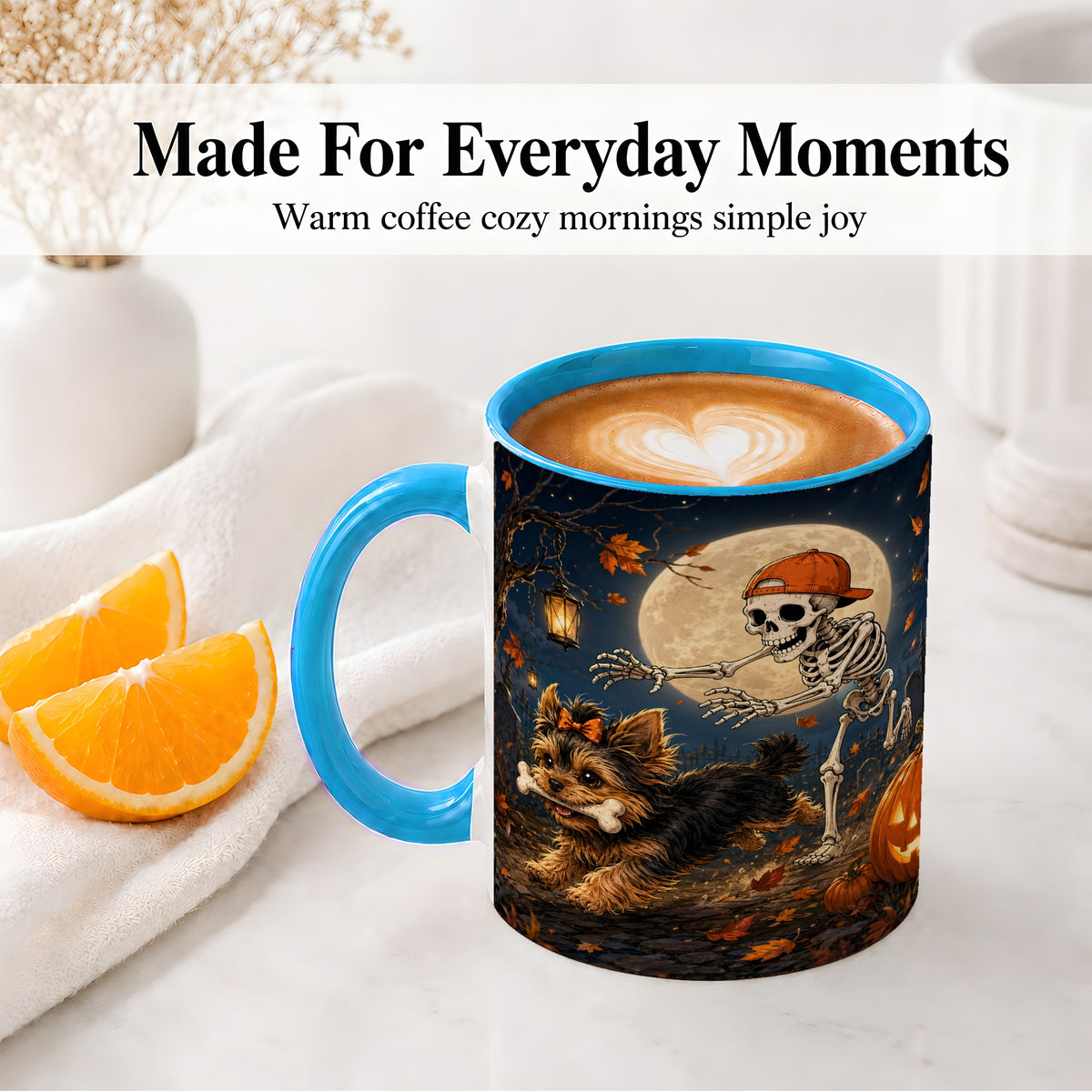 #pl[11oz|Blue] Skeleton Yorkie Chase Ceramic Mug, Halloween Art for Dog Lovers