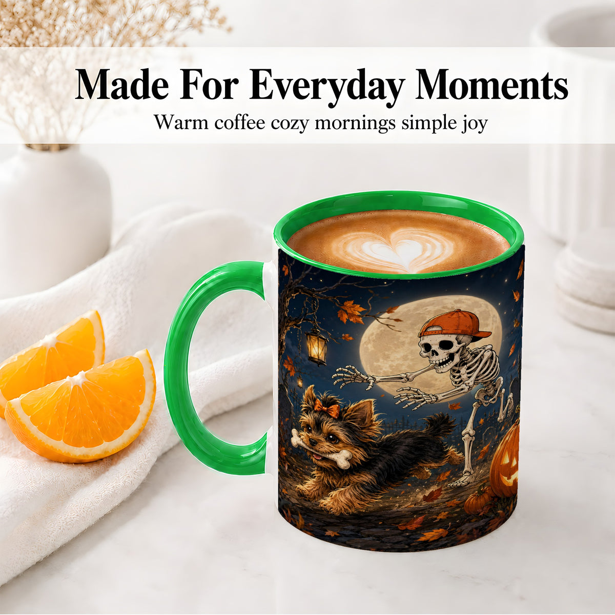 #pl[11oz|Green] Skeleton Yorkie Chase Ceramic Mug, Halloween Art for Dog Lovers