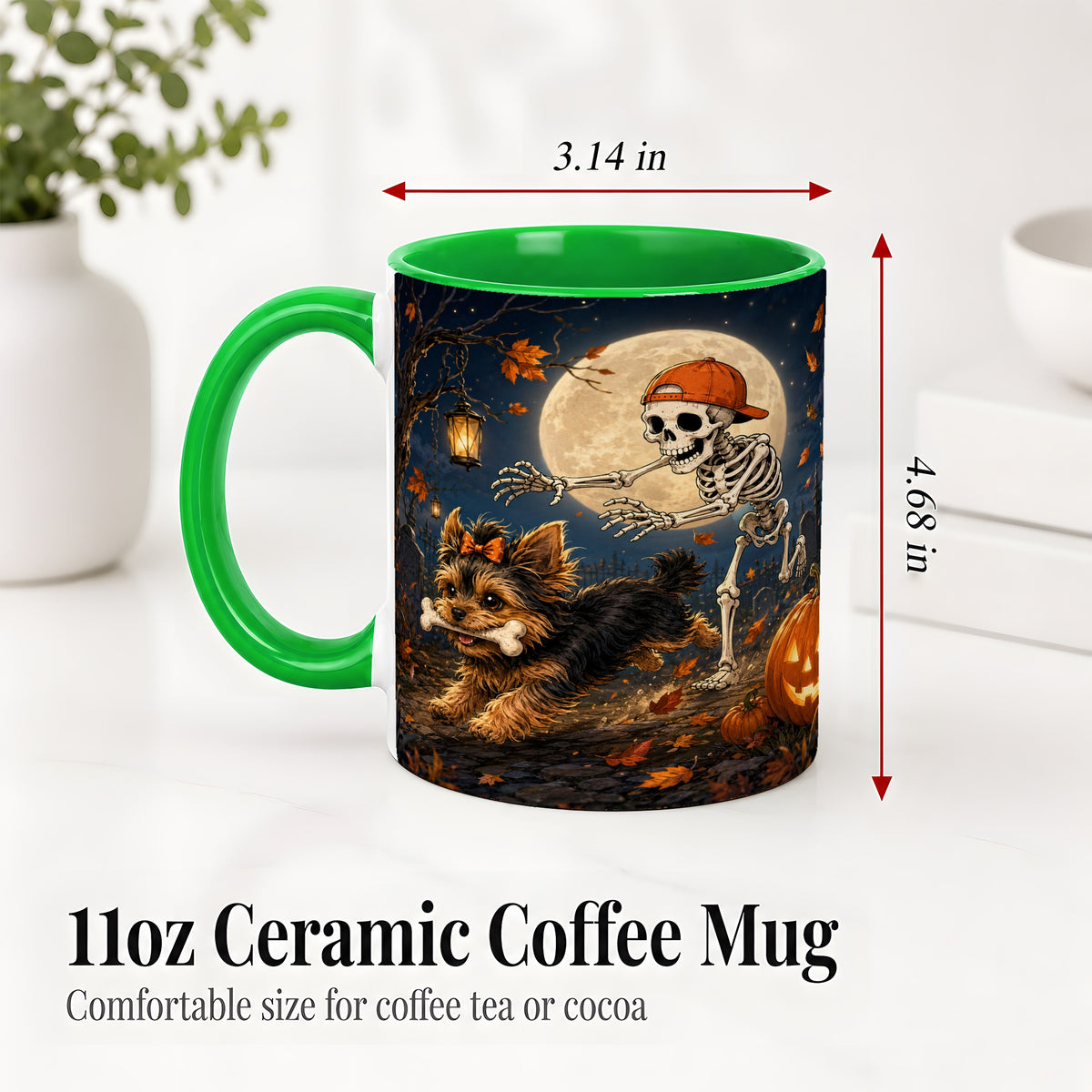 #pl[11oz|Green] Skeleton Yorkie Chase Ceramic Mug, Halloween Art for Dog Lovers