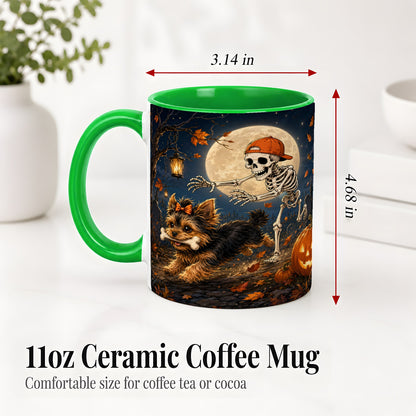 #pl[11oz|Green] Skeleton Yorkie Chase Ceramic Mug, Halloween Art for Dog Lovers