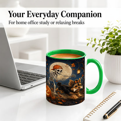 #pl[11oz|Green] Skeleton Yorkie Chase Ceramic Mug, Halloween Art for Dog Lovers