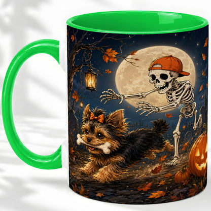 #pl[11oz|Green] Skeleton Yorkie Chase Ceramic Mug, Halloween Art for Dog Lovers