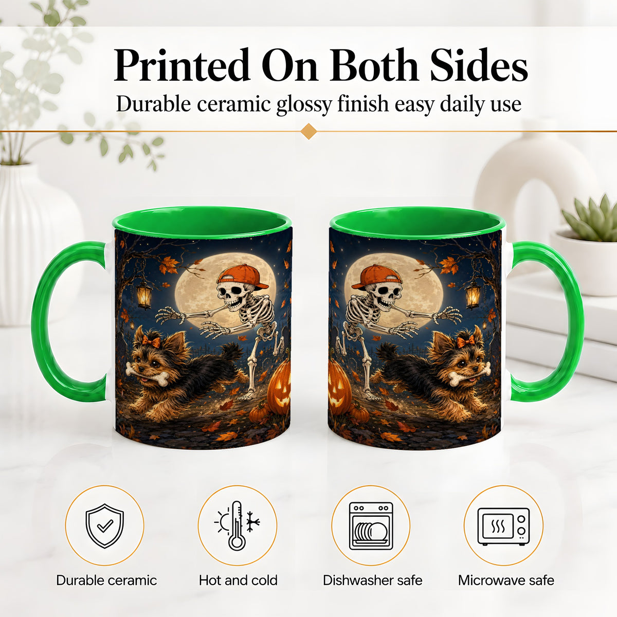 #pl[11oz|Green] Skeleton Yorkie Chase Ceramic Mug, Halloween Art for Dog Lovers