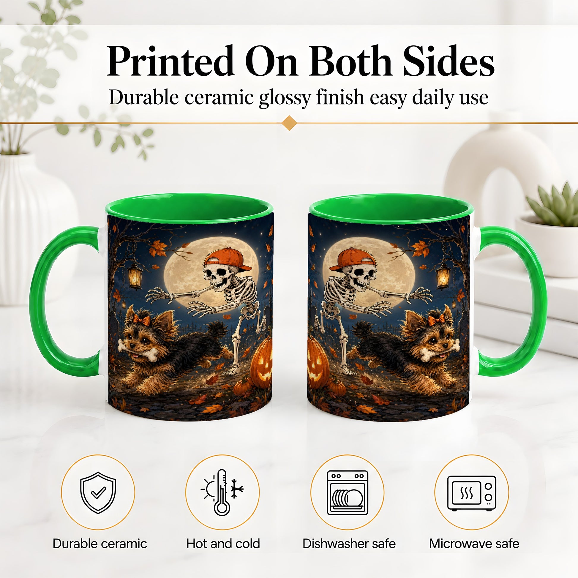 #pl[11oz|Green] Skeleton Yorkie Chase Ceramic Mug, Halloween Art for Dog Lovers