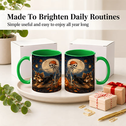 #pl[11oz|Green] Skeleton Yorkie Chase Ceramic Mug, Halloween Art for Dog Lovers