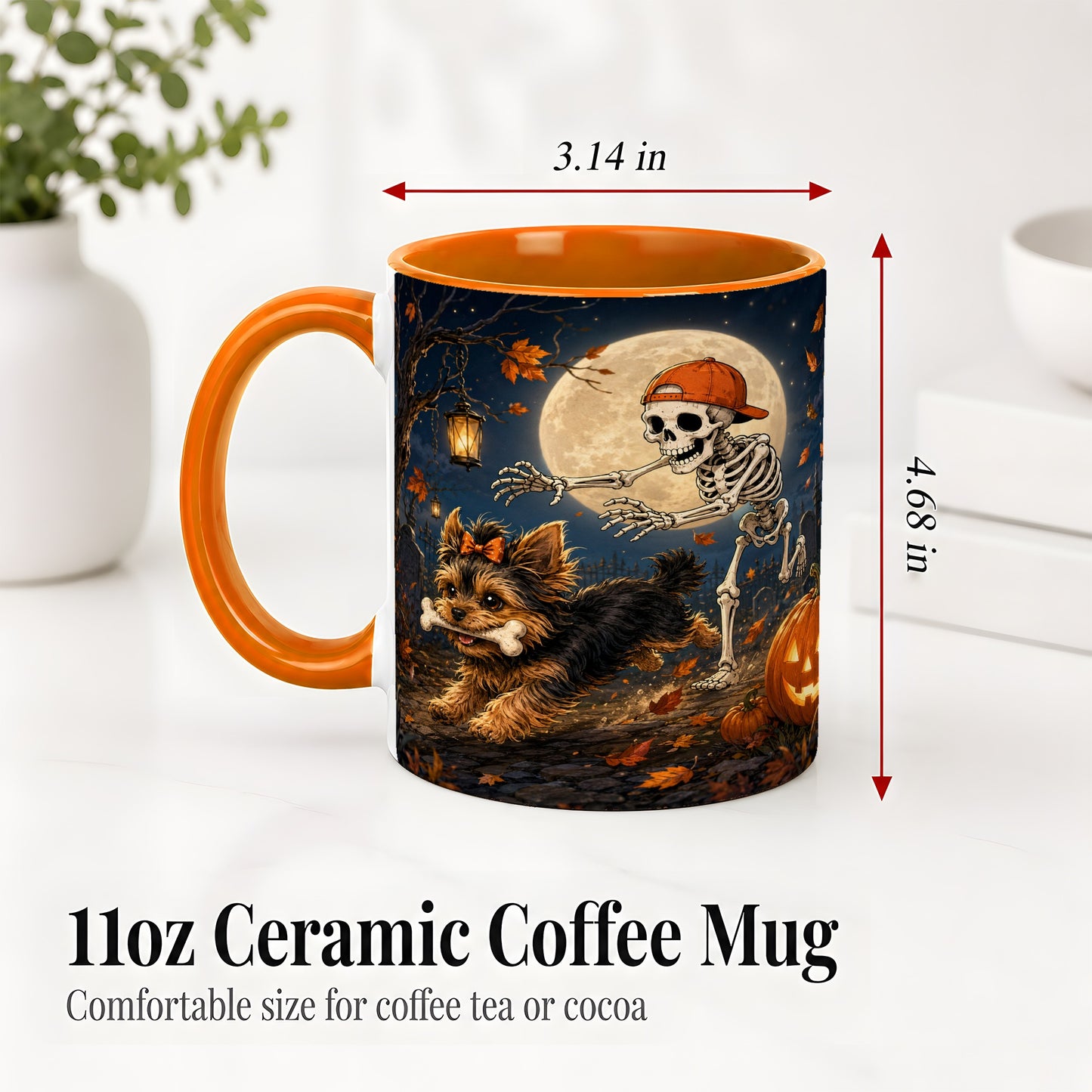 #pl[11oz|Orange] Skeleton Yorkie Chase Ceramic Mug, Halloween Art for Dog Lovers