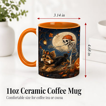 #pl[11oz|Orange] Skeleton Yorkie Chase Ceramic Mug, Halloween Art for Dog Lovers