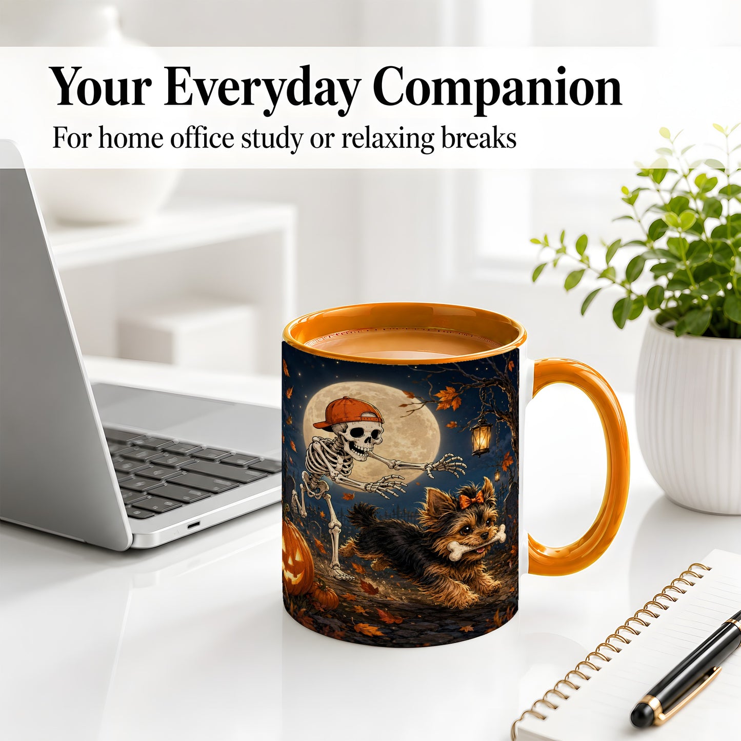 #pl[11oz|Orange] Skeleton Yorkie Chase Ceramic Mug, Halloween Art for Dog Lovers