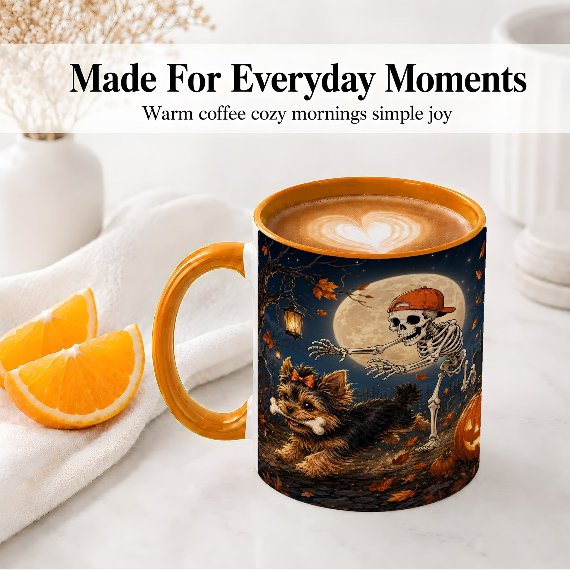 #pl[11oz|Orange] Skeleton Yorkie Chase Ceramic Mug, Halloween Art for Dog Lovers