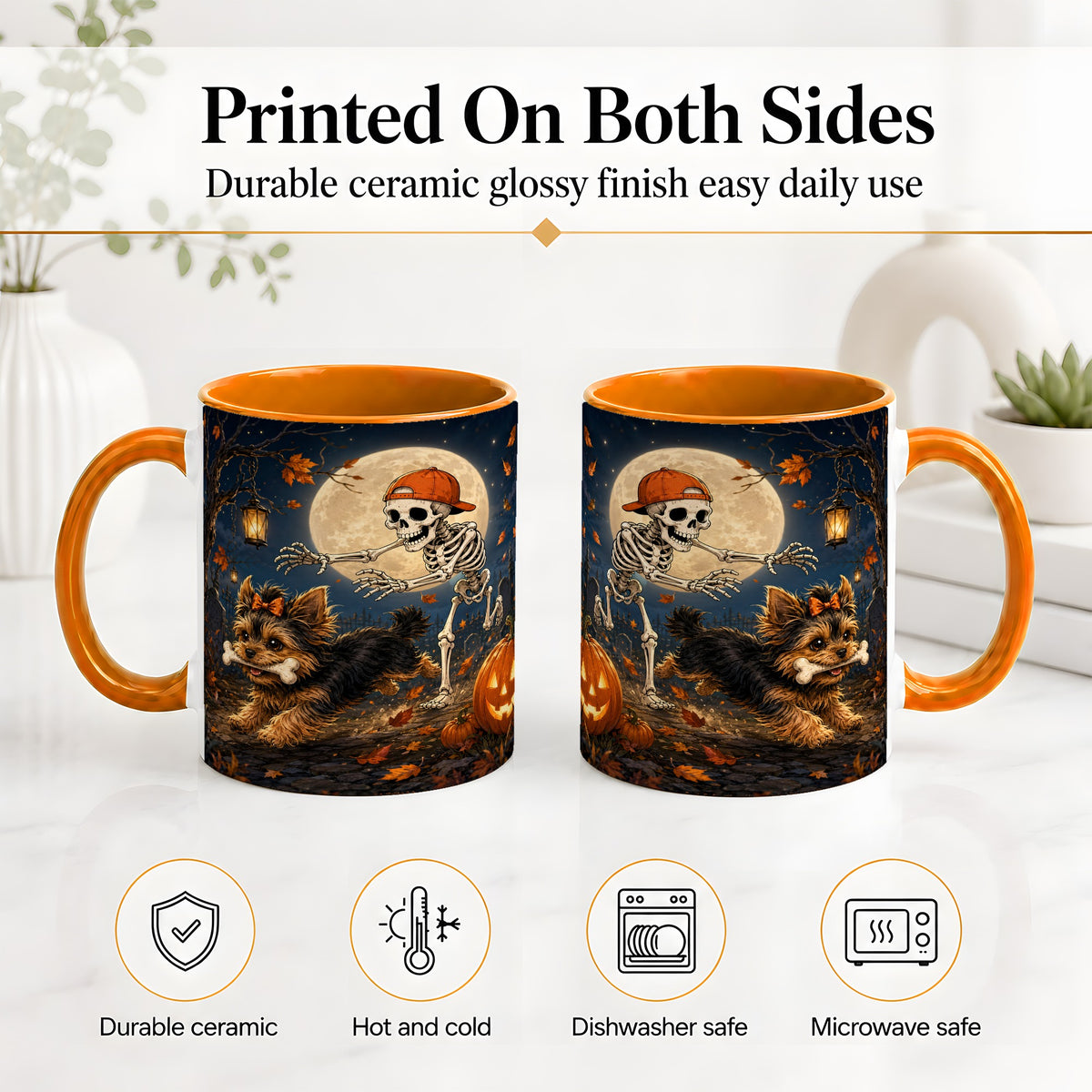 #pl[11oz|Orange] Skeleton Yorkie Chase Ceramic Mug, Halloween Art for Dog Lovers
