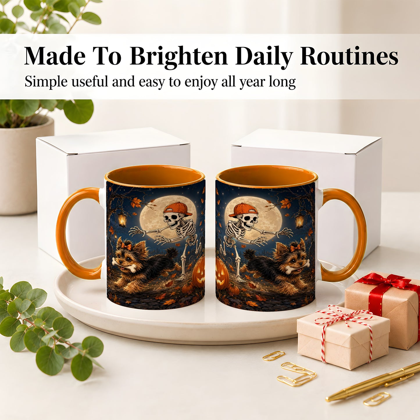 #pl[11oz|Orange] Skeleton Yorkie Chase Ceramic Mug, Halloween Art for Dog Lovers