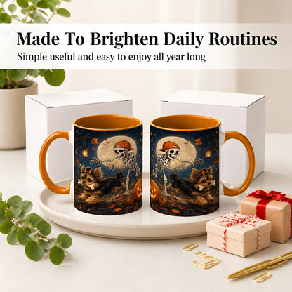 #pl[11oz|Orange] Skeleton Yorkie Chase Ceramic Mug, Halloween Art for Dog Lovers