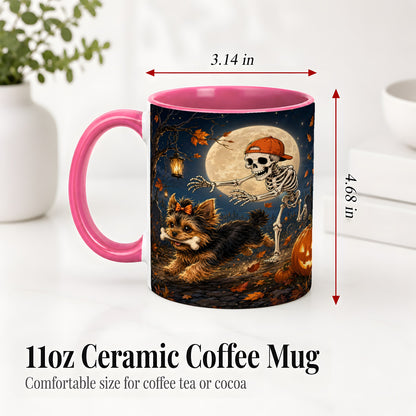 #pl[11oz|Pink] Skeleton Yorkie Chase Ceramic Mug, Halloween Art for Dog Lovers