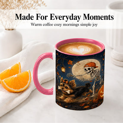 #pl[11oz|Pink] Skeleton Yorkie Chase Ceramic Mug, Halloween Art for Dog Lovers
